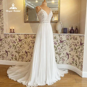 Сватбена рокля Roycebridal на тънки спагети презрамки в стил Бохо с V-образно деколте, кружевными апликации, Отворен гръб, с Плажна рокля 2024 Vestidos De Noiva, Елегантна Сватбена рокля