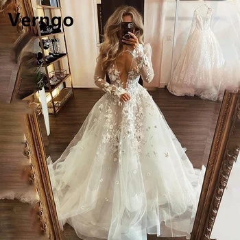 Сватбена рокля от тюл с 3D цветя Verngo, дълбоко V-образно деколте, сватбени рокли трапецовидна форма, с дълги ръкави, рокли за абитуриентски бал, секси рокля на булката