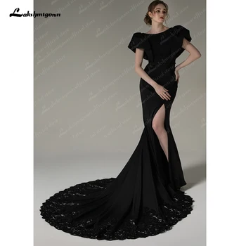 Сватбени рокли Русалка в готически стил с черни дантели 2023, дълга Реколта сватбени рокли от крепа с аппликацией, Сексуална празнични рокли