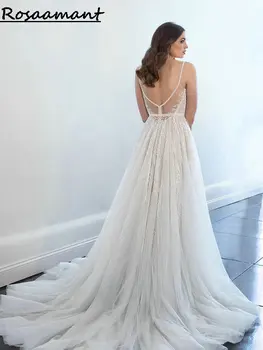 Сватбени рокли трапецовидна форма с бретельками-спагети и отворен гръб 2024 г., апликации с висока цепка, дантелени сватбени рокли с кристали, Robe De Mariée
