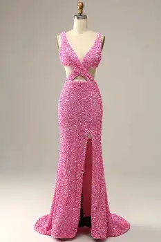 Секси розови вечерни рокли на Русалка с V-образно деколте, Русалка с пайети рокля за абитуриентски бал с цепка отстрани, коктейлни рокли с отворен гръб