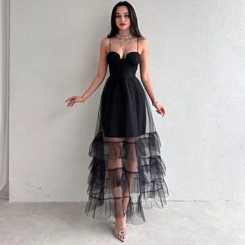 Секси рокля за бала от черен тюл трапецовидна форма на спагети презрамки, рокля за срещи на възпитаници, халат с волани, вечерна рокля за бала Vestido