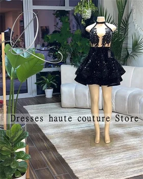 Секси черни мини коктейлни рокли с пайети 2023 година за черни момичета С апликации на гърба, Къси рокли за абитуриентски бал, Vestido Fiesta Mujer
