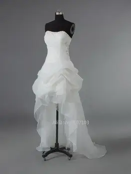 Сексуалното отпред късо отзад дълга сватбена рокля без презрамки и бели на цвят/цвят на слонова кост, с отворен гръб, расшитое мъниста сватбена рокля Hi-Lo от органза на поръчка