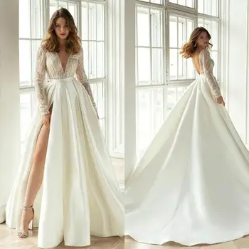 Скромни сатен сватбени рокли 2020 г. с дълъг ръкав, трапециевидные булчинска рокля с дълбоко V-образно деколте и цепка отстрани, сватбена рокля в стил кънтри с отворен гръб