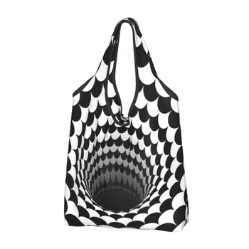 Хубава оптична илюзия, везни с черна дупка, чанта за пазаруване, преносима геометрична черно-бяла чанта за пазаруване, чанта за пазаруване
