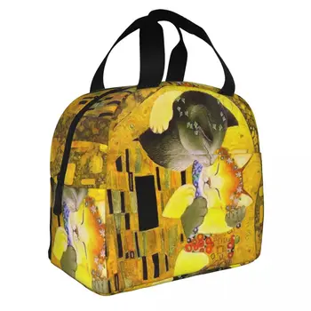 Чанта за обяд с изолация, Пет Cat The Kiss Преносим контейнер за храна в стила на Густав Климт, чанта-хладилник, обяд-бокс, пътни чанти за хранене