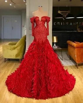Червени луксозни вечерни рокли С отворени рамене, дантелено рокля-русалка с дълъг ръкав, выпускное рокля с пера, Реалното изображение, сшитое по поръчка, Халати De