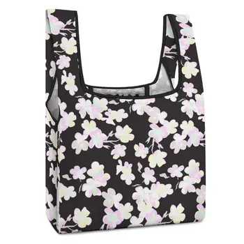 Черна Пазарска чанта с красиви Цветя, Чанти с индивидуален принтом, чанта за пазаруване, ежедневни Дамски Сгъваема Чанта с индивидуален дизайн