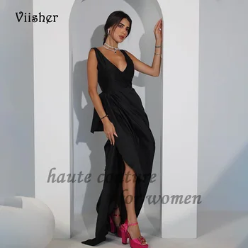 Черни сатенени вечерни рокли за бала трапецовидна форма с V-образно деколте, вечерни рокли в арабски стил от Дубай, дамски костюми с дължина до пода, вечерни рокли
