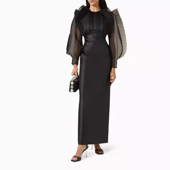 Черно плиссированное на макси рокля Muloong с кръгло деколте и пищните ръкави с Дължина до щиколоток, класическа вечерна рокля русалка, расшитое мъниста, рокля за бала Саудитска Aribia, расшитое мъниста.