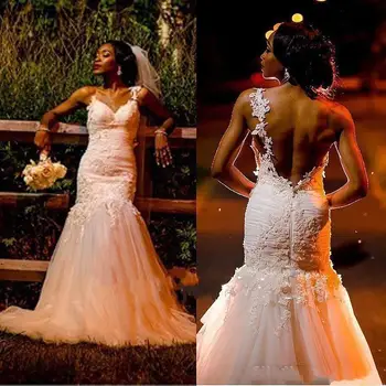 Южна африка сватбени рокли на Русалка, дантела тюл, панделка, с цип, без табли, Vestido De Новия, Секси рокля за младоженци