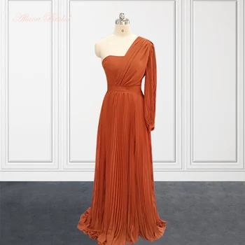 Ярко-оранжеви рокли на шаферките с дълъг ръкав 2023, шифоновые рокли за гостите с едно рамо с складкой на едно рамо за жени